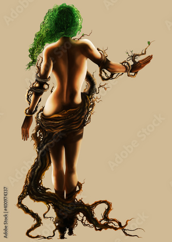 Dryad woman / Illustration stylized woman in branches and roots outfit. Digital painting
