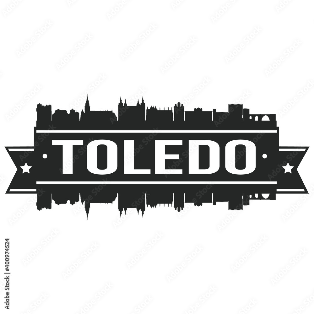 Toledo Spain Skyline Silhouette Design City Vector Art Famous Buildings Stamp Stencil.