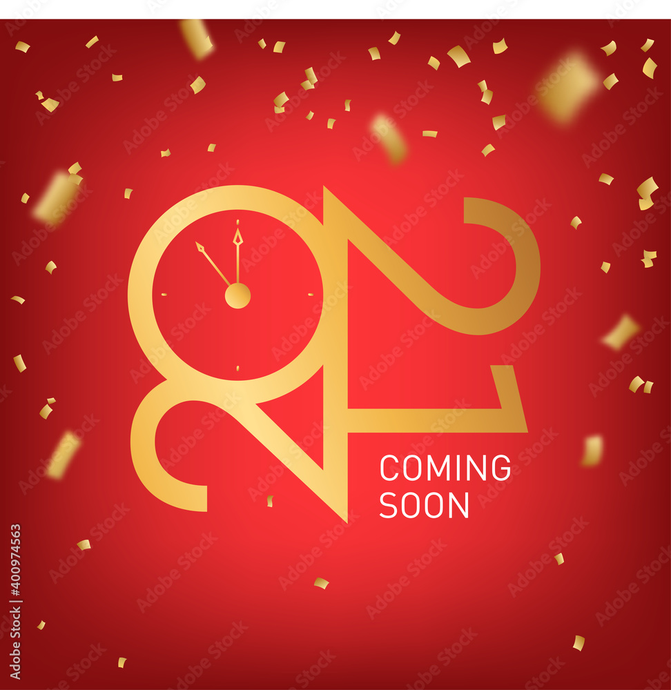 Coming soon announcement. Vector promotion announce. Red 2021 banner design with gold confetti. New year sign, symbol, icon. Grand openning, sale. Holiday gradient background with golden watch. Coming soon announcement. Vector promotion announce. Red 2021 banner design with gold confetti. New year sign, symbol, icon. Grand openning, sale. Holiday gradient background with golden watch.