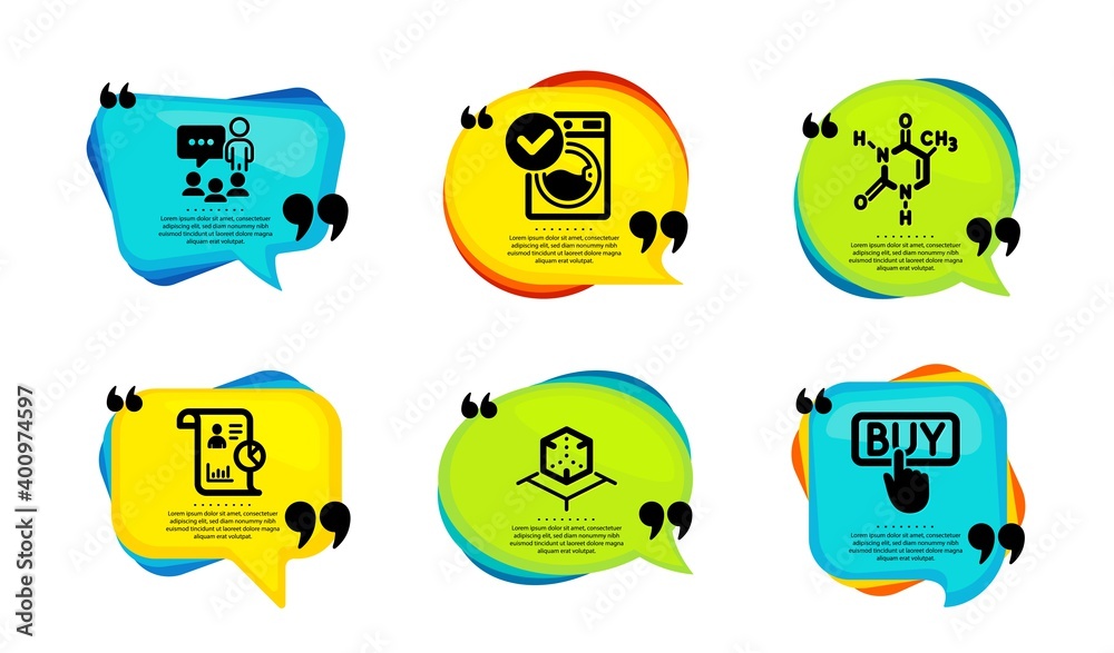 Report, Chemical formula and People chatting icons simple set. Speech bubble with quotes. Washing machine, Augmented reality and Buying signs. Work statistics, Chemistry, Conference. Vector Report, Chemical formula and People chatting icons simple set. Speech bubble with quotes. Washing machine, Augmented reality and Buying signs. Work statistics, Chemistry, Conference. Vector