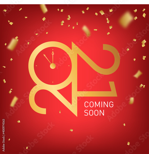 Coming soon announcement. Vector promotion announce. Red 2021 banner design with gold confetti. New year sign, symbol, icon. Grand openning, sale. Holiday gradient background with golden watch.