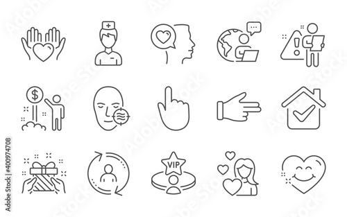 Smile face  Love and Hold heart line icons set. Click hand  Romantic talk and Income money signs. Vip table  Problem skin and User info symbols. Doctor  Gift and Hand click. Line icons set. Vector