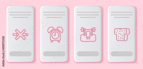 Set line No Smoking, Alarm clock, Bench with barbel and Bread toast. White rectangle button. Vector.
