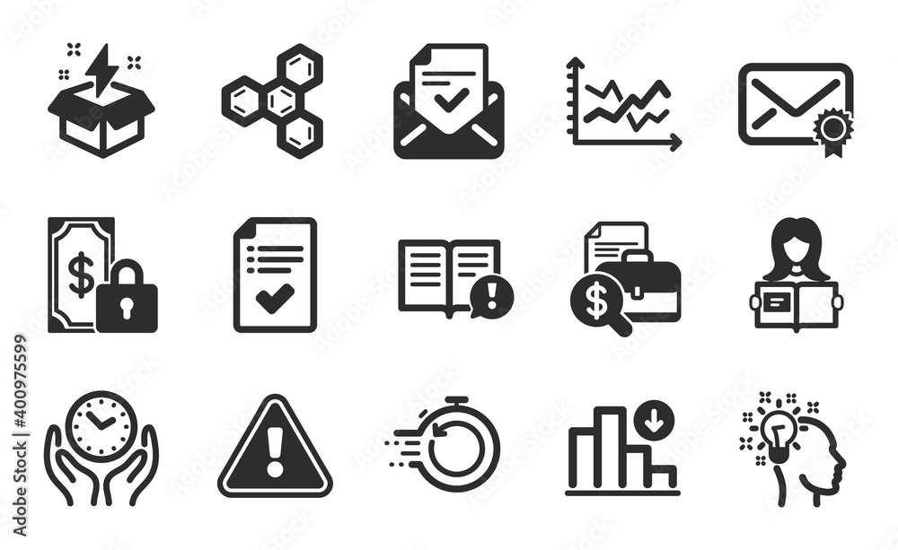 Accounting report, Woman read and Private payment icons simple set. Approved checklist, Fast recovery and Diagram chart signs. Creative idea, Facts and Approved mail symbols. Flat icons set. Vector