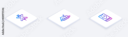 Set Isometric line No doping syringe, Healthy food and Mobile with heart rate. White square button. Vector.