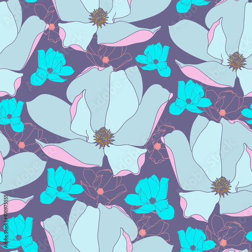 Seamless pattern with magnolia. Hand drawn floral background. Artwork for textiles, fabrics, souvenirs, packaging and greeting cards.