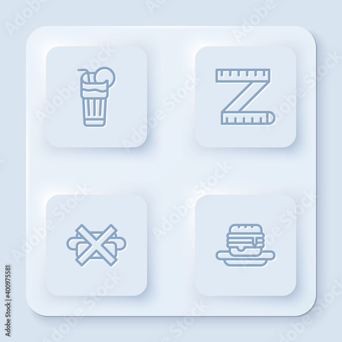 Set line Fresh smoothie, Tape measure, No junk food and Junk. White square button. Vector.