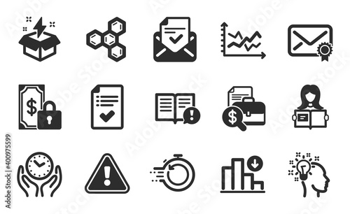 Accounting report, Woman read and Private payment icons simple set. Approved checklist, Fast recovery and Diagram chart signs. Creative idea, Facts and Approved mail symbols. Flat icons set. Vector