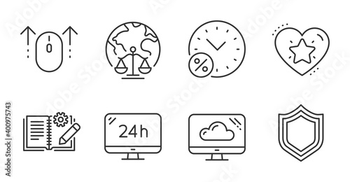 Loan percent, Swipe up and Engineering documentation line icons set. Magistrates court, Security and Ranking star signs. 24h service, Cloud storage symbols. Discount, Scrolling page, Manual. Vector