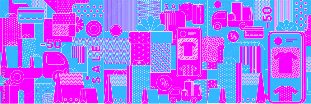 Discounts and Sale, Online Store, Delivery and Online Commerce. Vector illustration , geometric , flat style, linear elements with outline. Packing paper pattern.