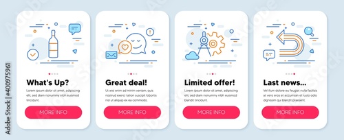 Set of line icons, such as Dating, Cogwheel dividers, Wine bottle symbols. Mobile app mockup banners. Undo line icons. Love messenger, Settings, Cabernet sauvignon. Left turn. Dating icons. Vector