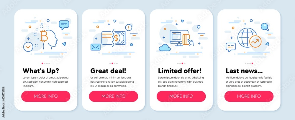 Set of Finance icons, such as Online payment, Payment methods, Bitcoin think symbols. Mobile app mockup banners. World statistics line icons. Money, Credit card, Cryptocurrency head. Vector