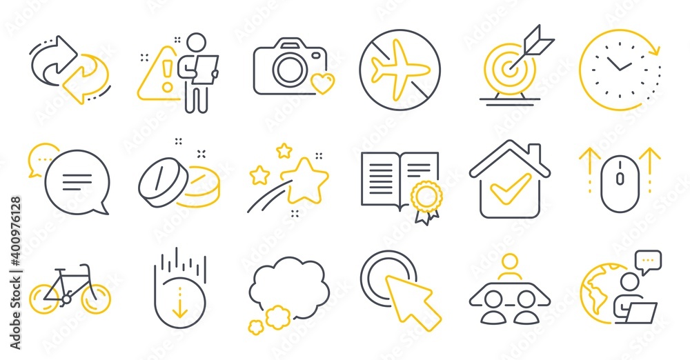 Fototapeta premium Set of Business icons, such as Bicycle, Interview job, Photo camera symbols. Time change, Medical tablet, Text message signs. Diploma, Talk bubble, Target goal. Scroll down, Swipe up. Vector