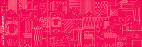Discounts and Sale, Online Store, Delivery and Online Commerce. Vector illustration , geometric , flat style, linear elements with outline. Packing paper pattern.