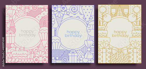 Birthday cards and posters. Set of vector postcards, geometric illustrations. Cupcake with a candle, a gift, a birthday cake.