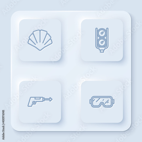 Set line Scallop sea shell, Gauge scale, Fishing harpoon and Diving mask. White square button. Vector.