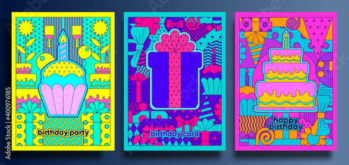 Birthday cards and posters. Set of vector postcards, geometric illustrations. Cupcake with a candle, a gift, a birthday cake.