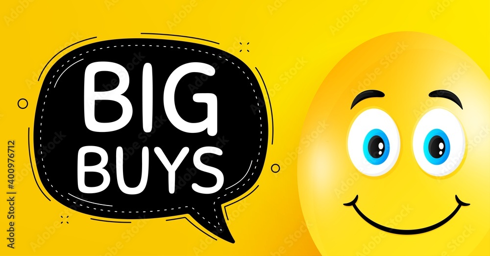 Big buys. Easter egg with smile face. Special offer price sign. Advertising discounts symbol. Easter smile character. Big buys black speech bubble. Yellow egg background. Vector Big buys. Easter egg with smile face. Special offer price sign. Advertising discounts symbol. Easter smile character. Big buys black speech bubble. Yellow egg background. Vector