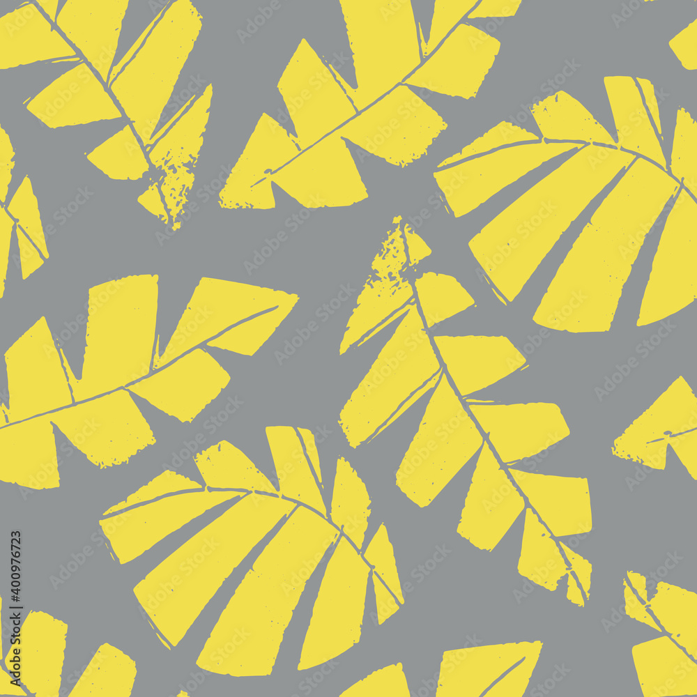 Mono print style scattered leaves seamless vector pattern background. Textured cut out yellow foliage on grey backdrop. Hand crafted painterly design. All over print for fall products