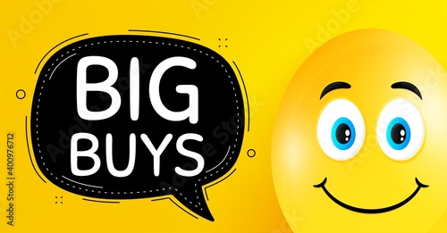 Big buys. Easter egg with smile face. Special offer price sign. Advertising discounts symbol. Easter smile character. Big buys black speech bubble. Yellow egg background. Vector