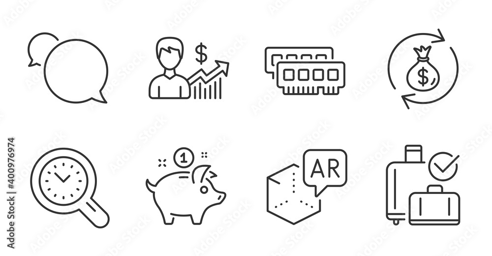 Money exchange, Baggage reclaim and Business growth line icons set. Saving money, Augmented reality and Time management signs. Ram, Messenger symbols. Quality line icons. Money exchange badge. Vector