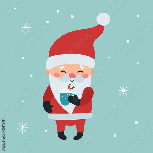 Hand drawn Santa Claus with hot chocolate. Vector Christmas greeting card. Cute cartoon kawaii character.