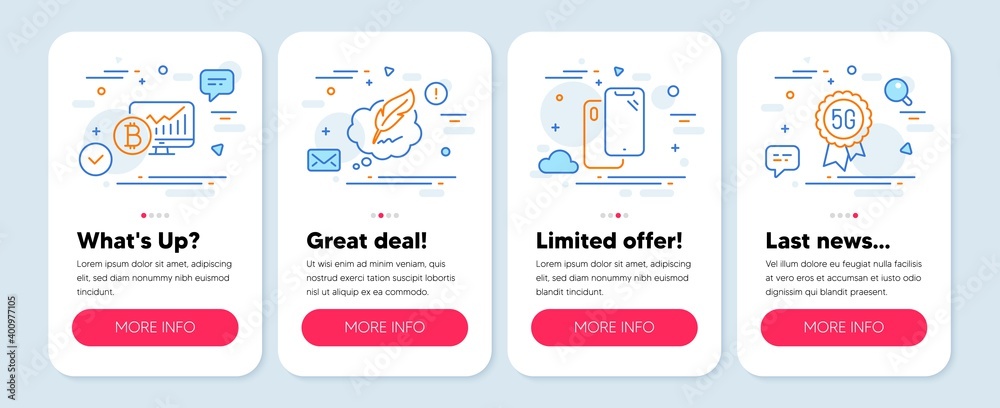 Set of Technology icons, such as Smartphone, Copyright chat, Bitcoin chart symbols. Mobile app mockup banners. 5g technology line icons. Phone, Speech bubble, Cryptocurrency statistics. Vector
