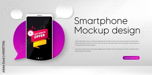 Last minute offer banner. Mobile phone vector mockup. Sale timer tag. Countdown clock promo icon. Smartphone mockup speech bubble. Last minute banner. Phone screen frame. Mobile background. Vector