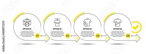 Dry t-shirt, Wash t-shirt and Businessman case line icons set. Timeline process infograph. Laundry shirt, Outsourcing business. Fashion set. Infographics timeline banner. 4 steps plan diagram. Vector