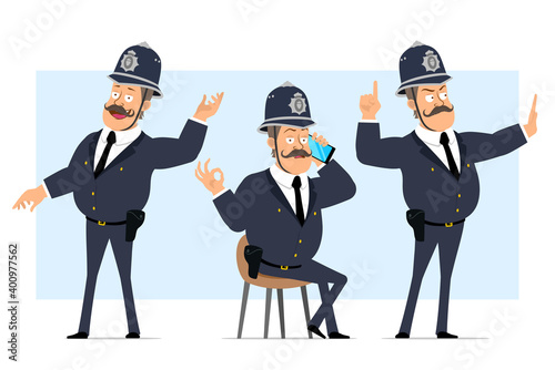 Cartoon flat funny british fat policeman character in helmet and uniform. Boy talking on phone and showing stop gesture. Ready for animation. Isolated on blue background. Vector set.