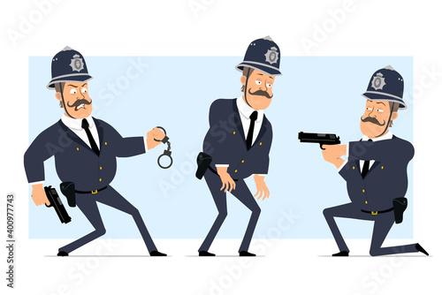 Cartoon flat funny british fat policeman character in helmet and uniform. Boy tired and shooting from pistol. Ready for animation. Isolated on blue background. Vector set.