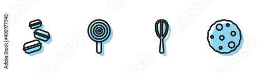 Set line Kitchen whisk, Macaron cookie, Lollipop and Cookie or biscuit icon. Vector.