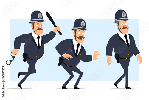 Cartoon flat funny british fat policeman character in helmet and uniform. Boy running with handcuffs and police baton. Ready for animation. Isolated on blue background. Vector set.
