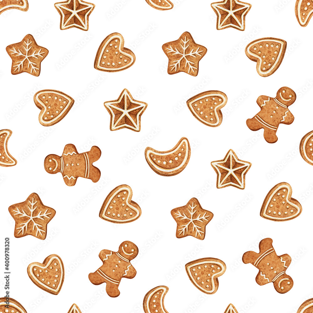 Gingerbread seamless pattern. Watercolor cookie man, star, heart Gingerbread seamless pattern. Watercolor cookie man, star, heart