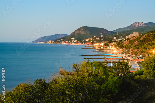 Coastline. Port city on the seashore, seascape. Bay, harbor in the bay. Beautiful sea or ocean with islands. Vacation by the sea