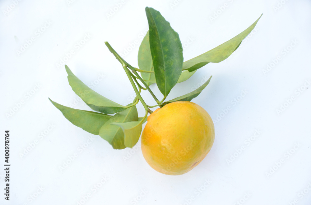 the ripe orange fruit with green leaves isolated on white background.