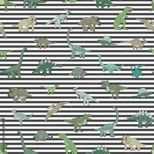 Dinosaurs hand drawn vector seamless striped pattern