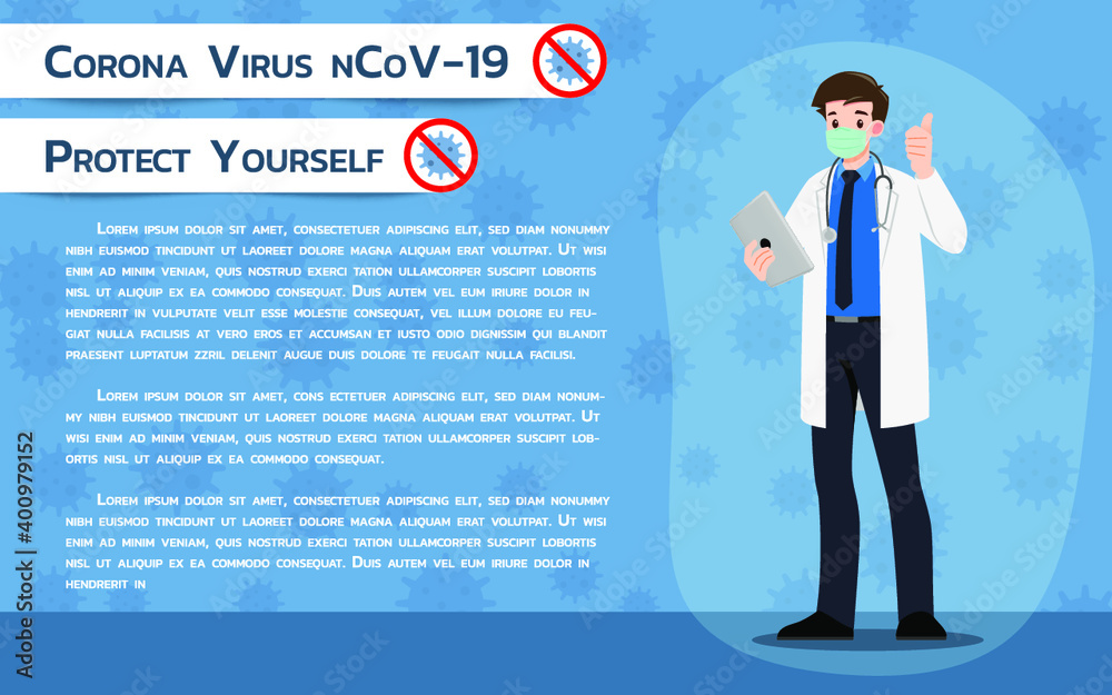 Doctor wear protection surgery mask against the virus. The fight against coronavirus infographic banner. Virus Covid 19-NCP Protection poster.