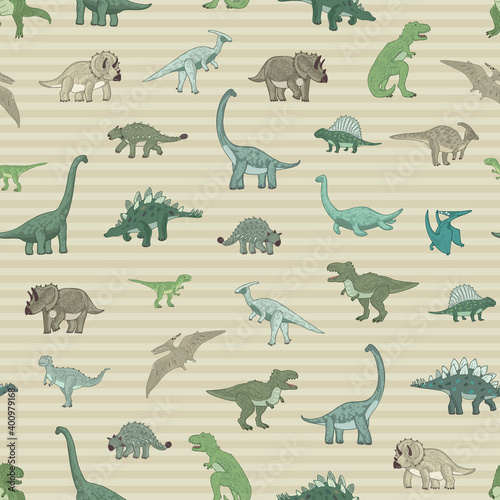 Dinosaurs hand drawn vector seamless striped pattern