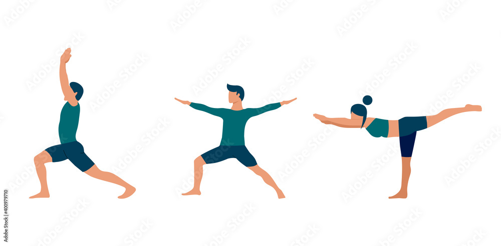 Collection of young people performing yoga asana Virabhadrasana. Set of flat cartoon characters demonstrating various yoga positions. Healthy lifestyle. Eps 10.