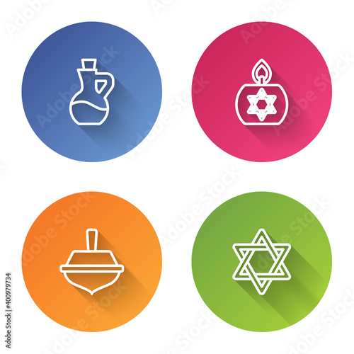 Set line Bottle of olive oil, Burning candle, Hanukkah dreidel and Star David. Color circle button. Vector.
