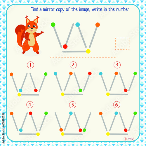 Logic puzzle game for children. Select and write down the number of the correct mirror image of the figure. Development of spatial thinking