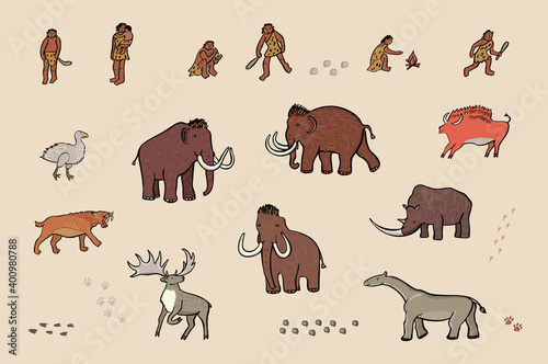 mammoth and ancient prehistoric jurassic wild animals with humans hand drawn vector illustrations set
