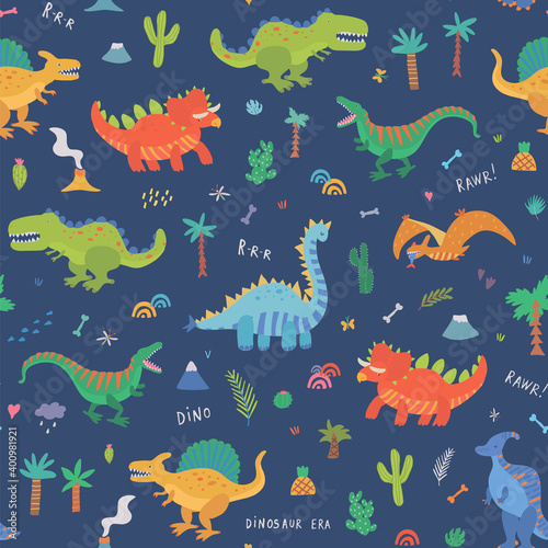 Dinosaurs hand drawn vector seamless pattern