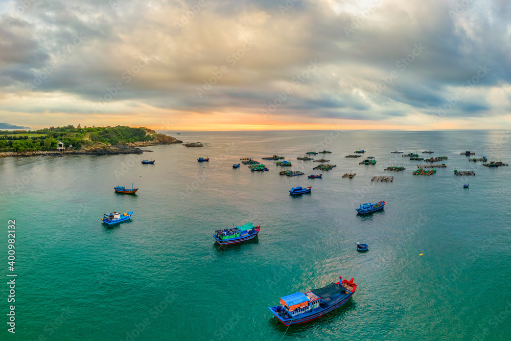 Obraz premium Aerial view of shrimp ( prawn ) farm and lobster near Ganh Da Dia, Phu Yen, Vietnam.