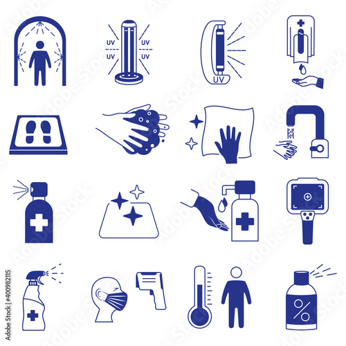 Coronavirus blue icons. Cleaning and sanitizer surface, wash hand gel, UV lamp, sanitizing mat, infrared thermometer, dispenser, disinfection tunnel. Coronavirus rules and prevention icons set
