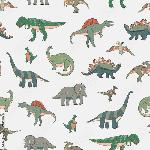 Fototapeta Naklejka Na Ścianę i Meble -  Dinosaurs hand drawn vector seamless pattern