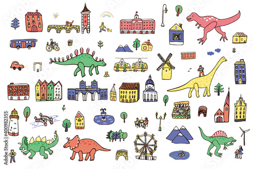 Dinosaurs in the city with houses, objects hand drawn vector illustrations doodle set
