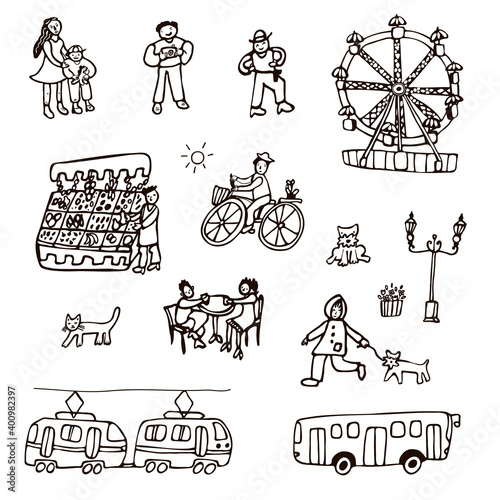 City people and objects line hand drawn vector illustrations set