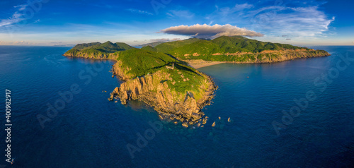 Aerial view of Dai Lanh Lighthouse, Phu Yen. This place is considered the first place to receive sunshine on the mainland of Vietnam